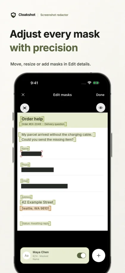 The iPhone mask editor with a name selected and resize handles around its mask.