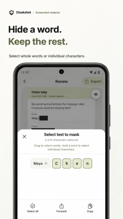 Android text-selection controls with Chen selected while Maya stays visible in a fictional order-help screenshot.