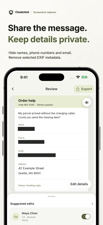 A synthetic message with a name, phone number, and email covered before sharing.