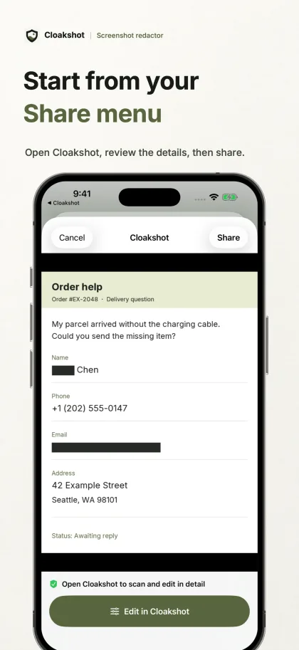 The iOS Cloakshot share extension offers to open the image in Cloakshot for detailed review.