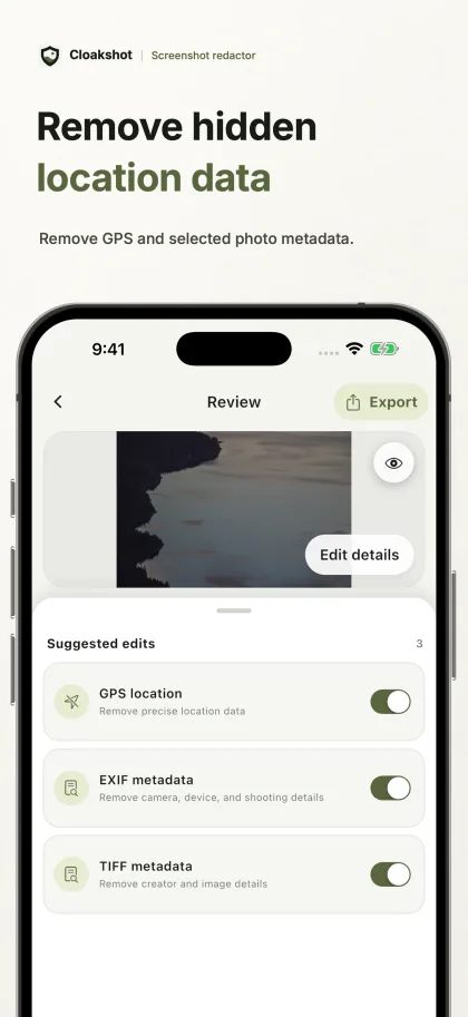 GPS, EXIF, and TIFF metadata are selected for removal from a redacted copy.