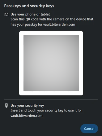 A passkey sign-in prompt. Cloakshot covers the detected QR-code area while leaving the dialog title, instructions and controls visible.