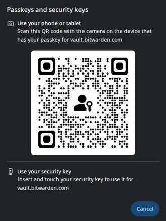 A passkey sign-in prompt. The dialog displays a large QR code for the sign-in flow, together with instructions and a security-key option.